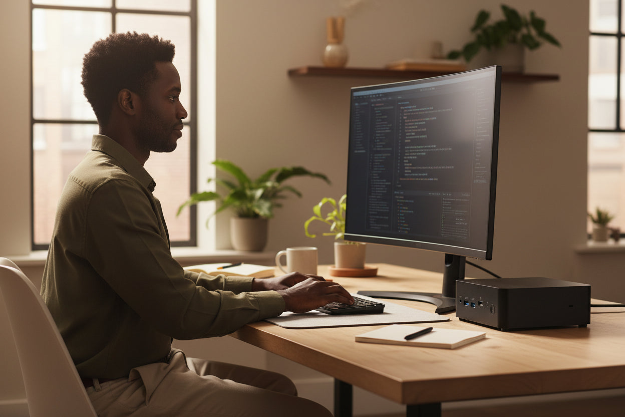 Hand holding the MSI Cubi 5 1M showing its palm-sized form factor.