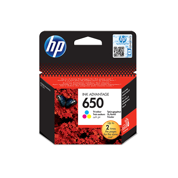HP 650 ink cartridge packaging on a green background