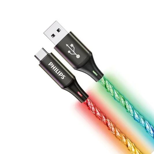 Philips USB-A to USB-C RGB Party Cable 18W fast charge, 1m, braided rainbow lights for charging and data.