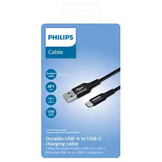 Philips USB-A to USB-C charging cable packaging on a white background
