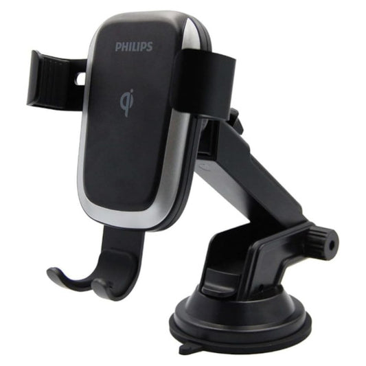 Black Philips DLK3532Q/00 wireless car charger mounted on an adjustable suction arm, featuring a Qi charging pad and phone cradle with side grips and bottom support hook, shown on a white background.