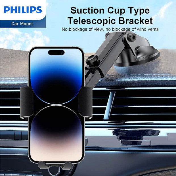 Philips car mount with suction cup telescopic bracket holding a smartphone on a car dashboard, showing secure mounting without blocking the windshield or air vents.