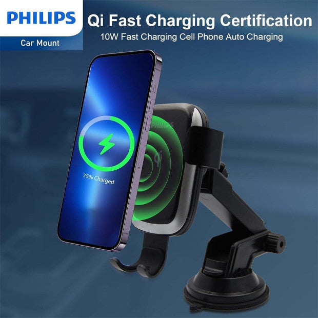 Philips wireless car mount with suction base holding a smartphone showing 75% charge, demonstrating 10W Qi-certified fast wireless charging feature with glowing green charging indicator.