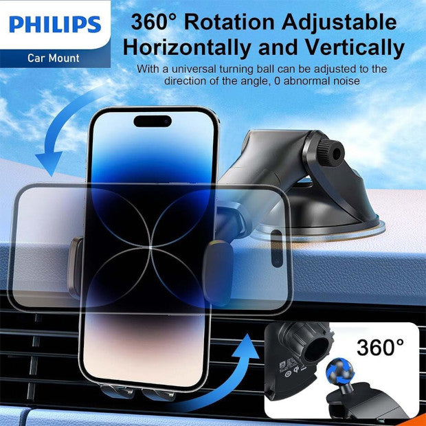 Philips car mount with suction cup base displaying 360-degree rotation adjustment for horizontal and vertical viewing, showing smartphone mounted on car dashboard with directional arrows.