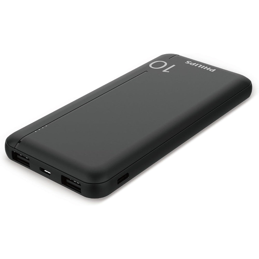 Black power bank with 'Philips' branding on a white background