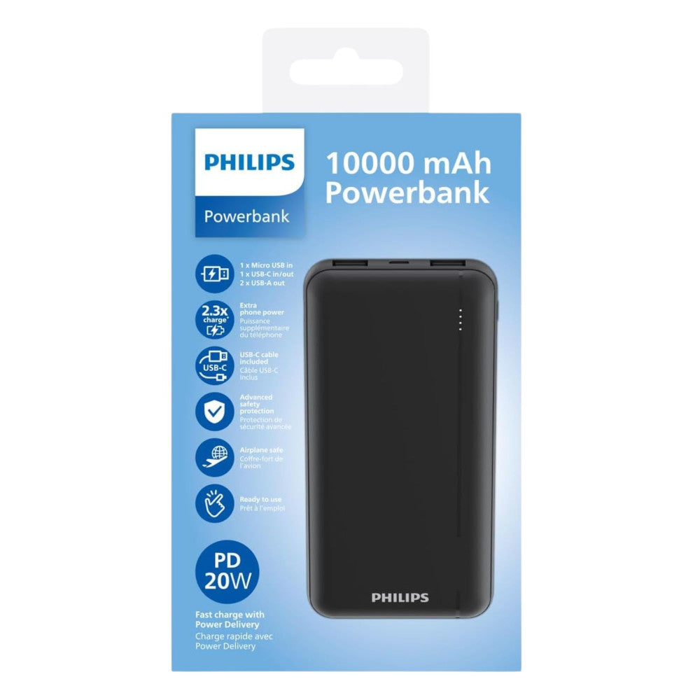 Philips power bank packaging with specifications on a white background