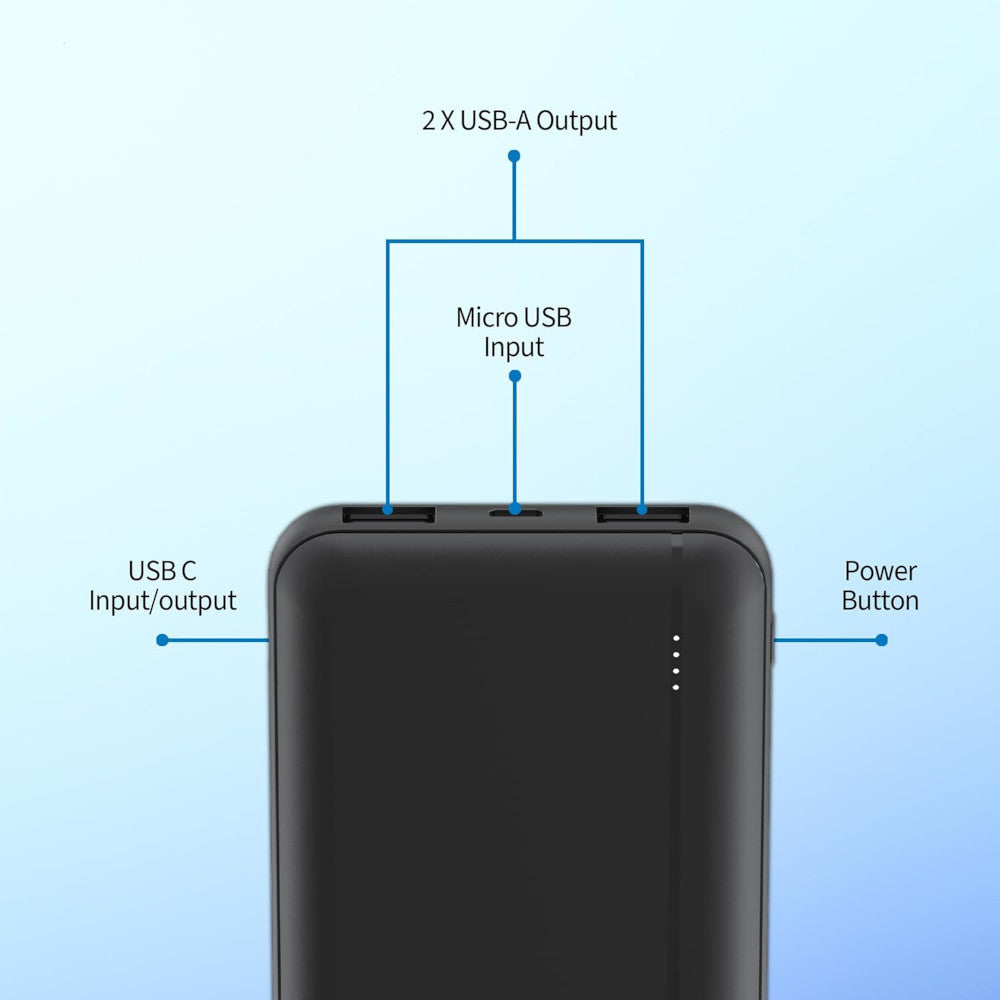 Black power bank with labeled ports on a light blue background