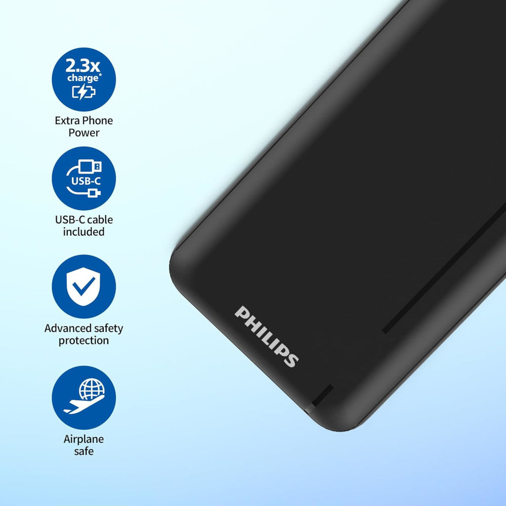 Philips power bank with features listed on a light blue background