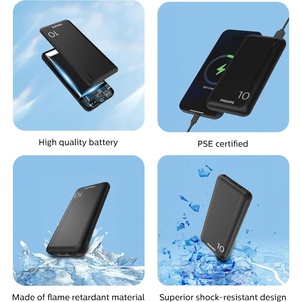 Philips power bank with charging features and certifications on a blue background