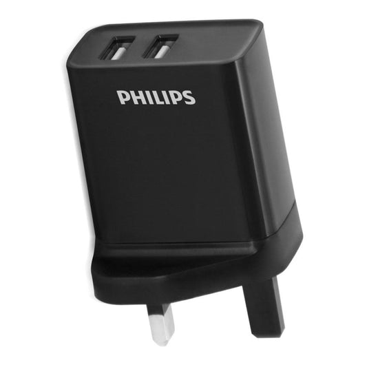 Philips dual USB wall charger with SA converter, UK plug, 3.1A total output, compact smart protection.