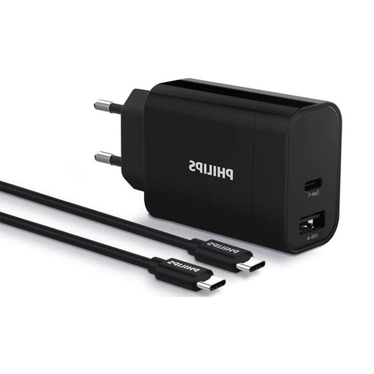 Philips Ultra Fast Charger 30W with USB-C and USB-A ports (PD) DLP2621C/12 and two USB-C cables.