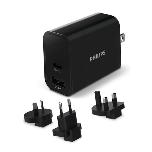 Philips 30W USB Travel Charger PD & QC with Type-C and USB-A ports, model DLP2621T/00, regional plug adapters.