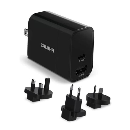 Philips 30W USB Travel Charger PD & QC fast charge DLP2621T/00 with interchangeable EU/US/UK adapters