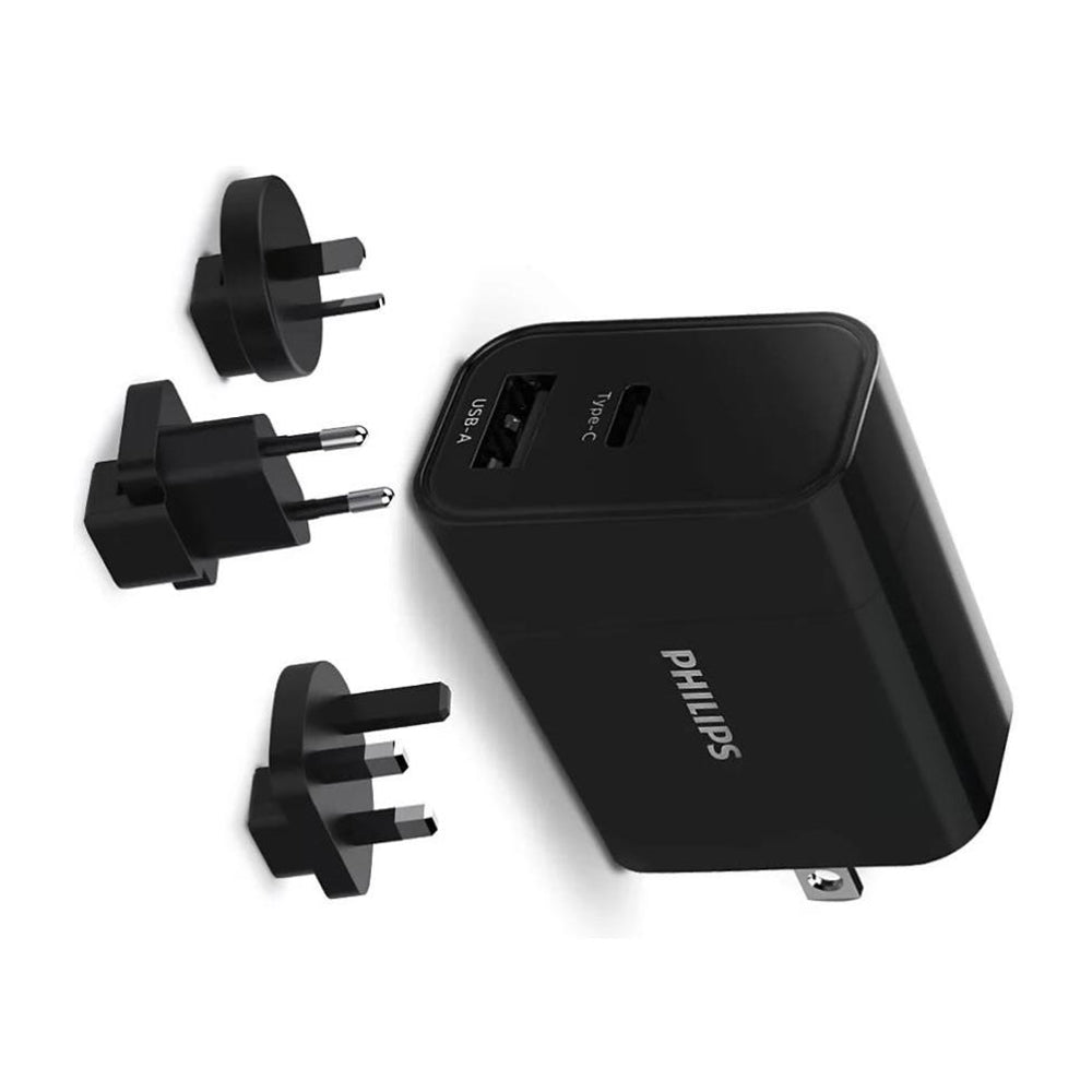 Philips 30W USB travel charger with USB-A and USB-C ports, PD & QC, plus interchangeable EU/US/UK plugs.