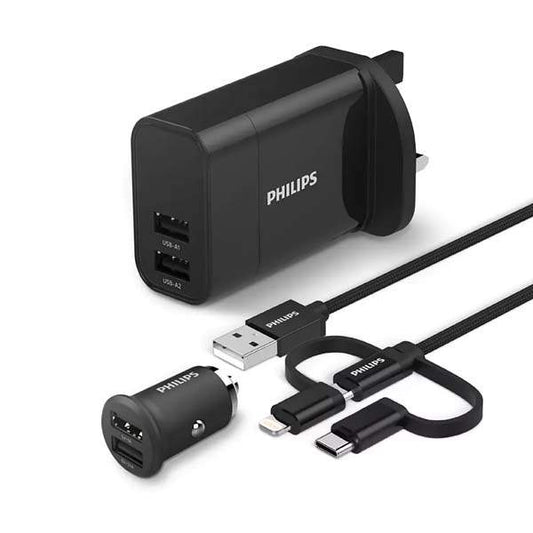 Philips 3-in-1 Universal Charger Wall & Car Adapter DLP2810T/05 with dual USB-A ports and 3-in-1 cable