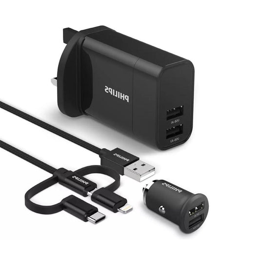 Philips 3-in-1 Universal Charger Wall & Car Adapter – DLP2810T/05 with wall and car charger plus 3-in-1 cable.