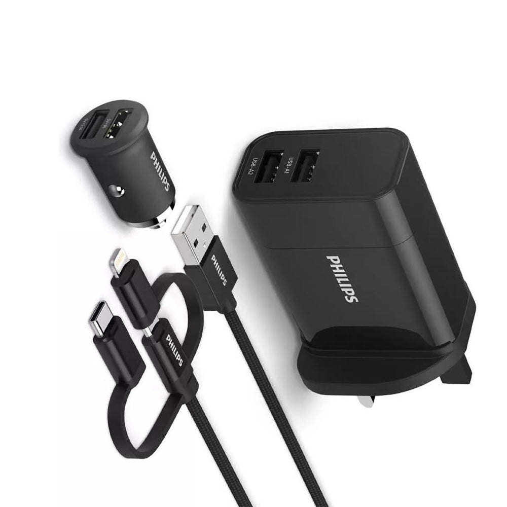 Philips DLP2810T/05 3-in-1 universal charger: wall and car adapter with three-in-one cable and USB ports