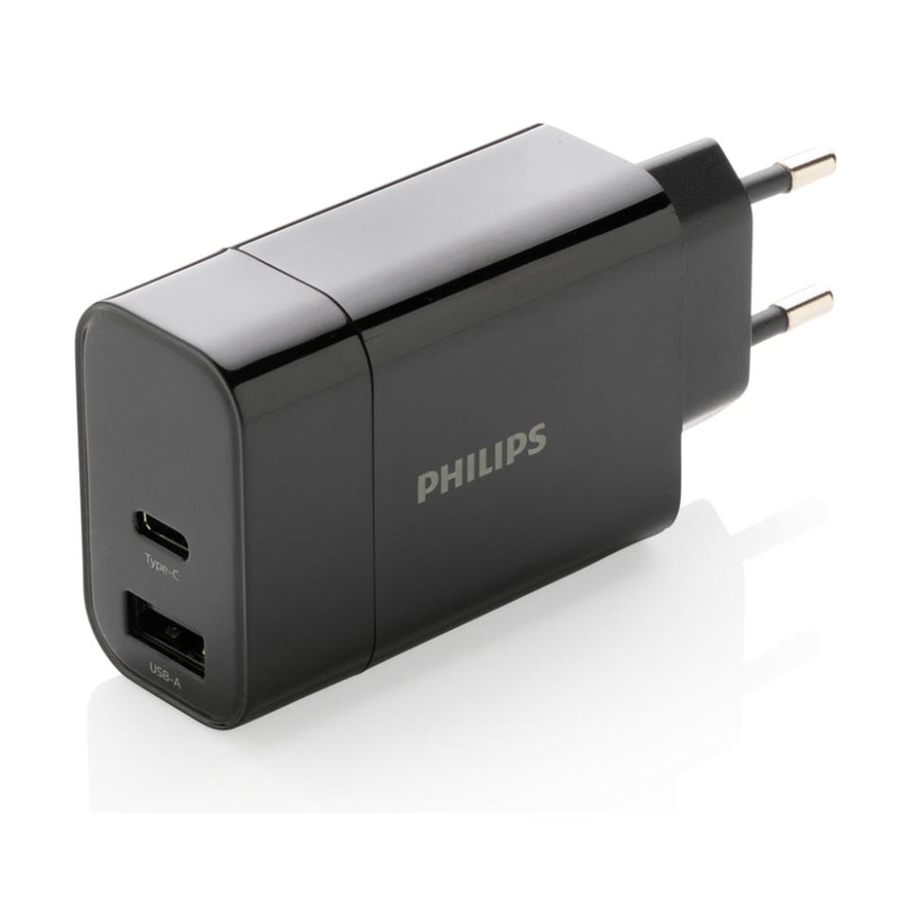 Black Philips 20W dual USB wall charger with USB-C and USB-A ports, EU plug, compact PD fast charger