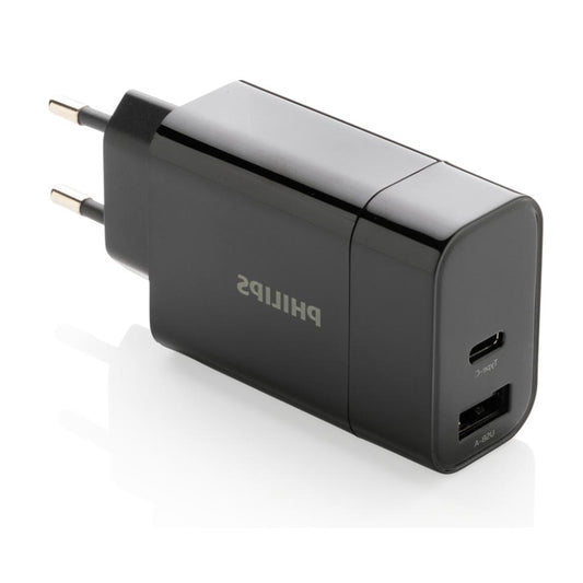 Philips 20W dual USB wall charger with USB-C and USB-A ports, black, model DLP4324CB/12