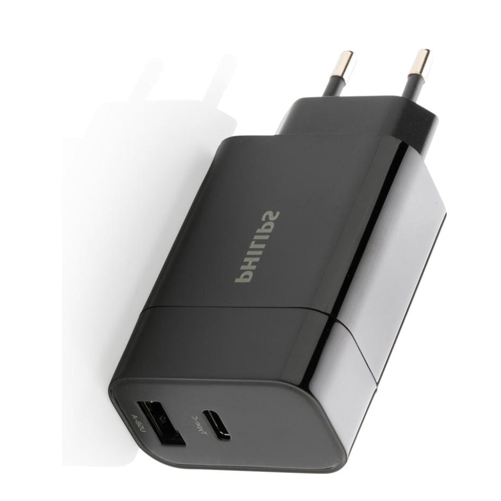 Philips 20W dual USB wall charger with USB-A and USB-C ports, PD fast charger, black.