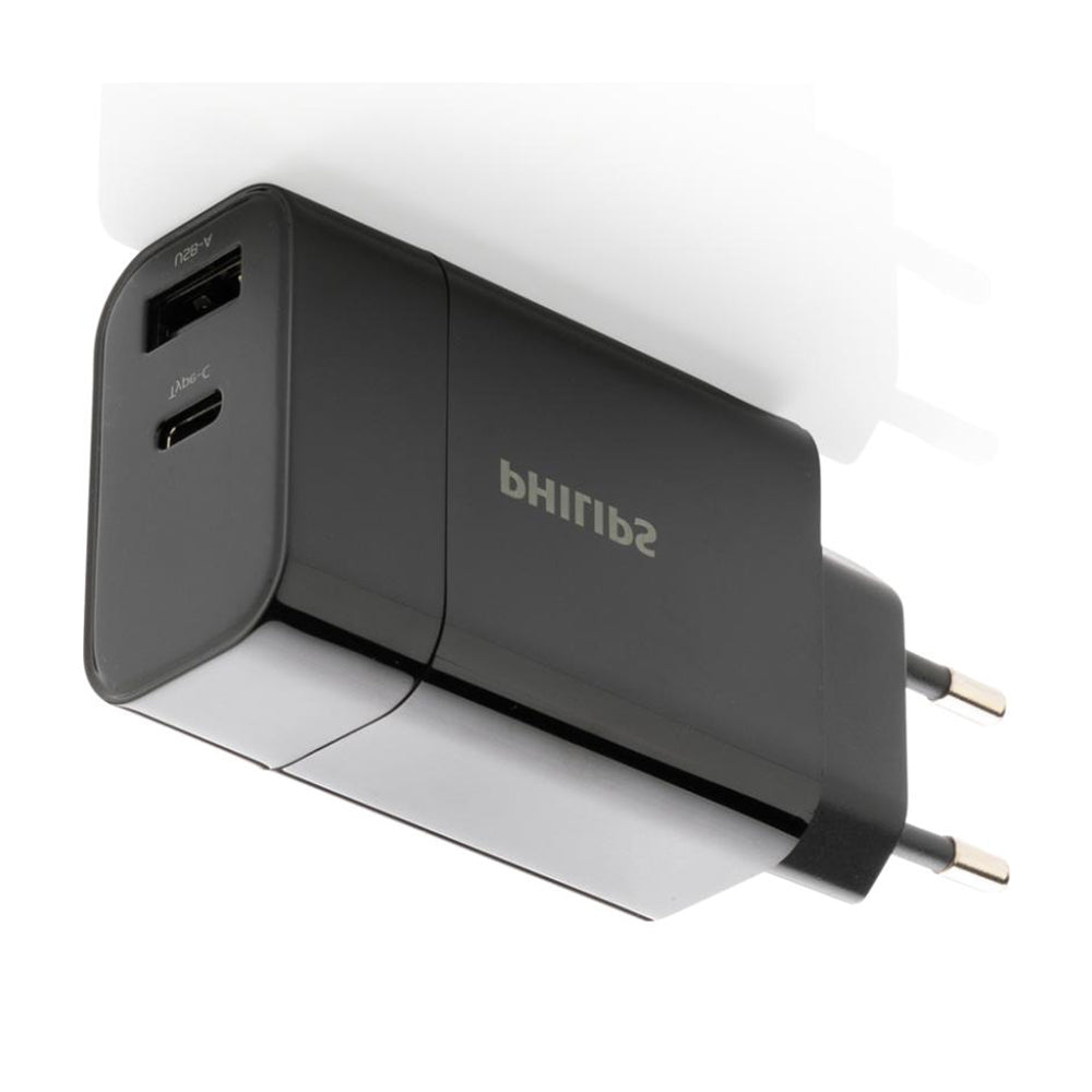 Philips 20W Dual USB Wall Charger (1A+1C) PD Fast Charger - Black, model DLP4324CB/12.