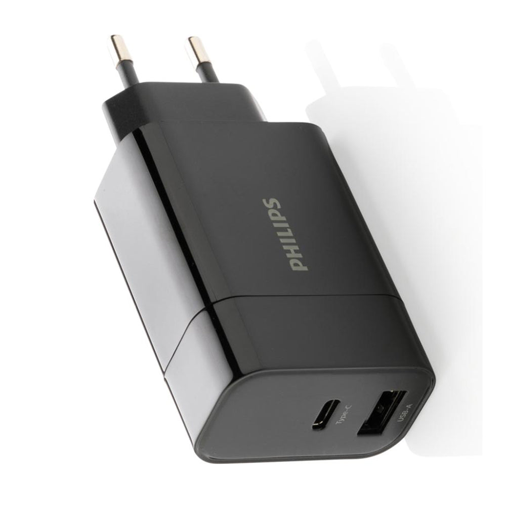 Philips 20W dual USB wall charger with USB-C PD and USB-A port in black (Model DLP4324CB/12)