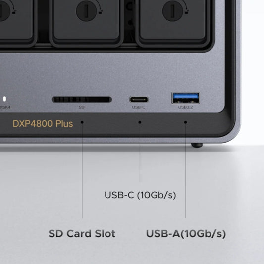 Close-up of a device with USB-C, SD card slot, and USB-A ports on a gray background.