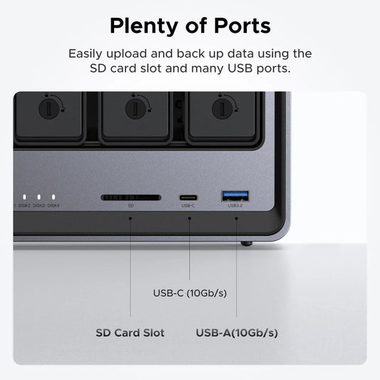 Computer hardware with ports including USB-C, USB-A, and SD card slot on a white background.