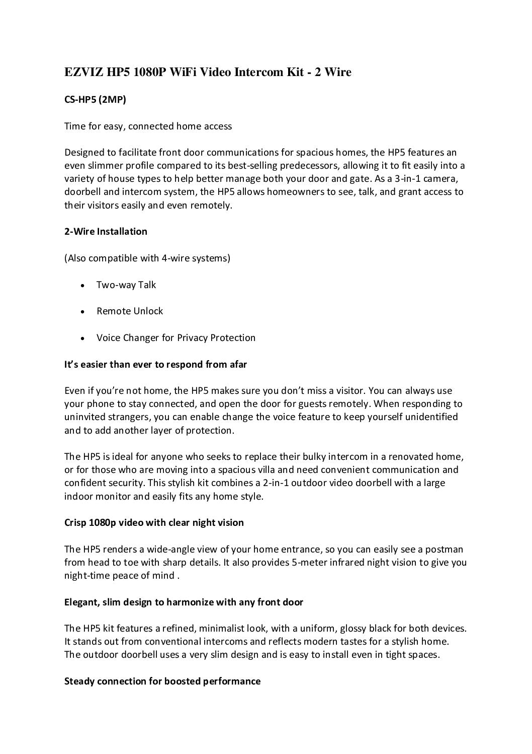 EZVIZ HP5 1080P Wi-Fi Video Intercom Kit - 2 Wire