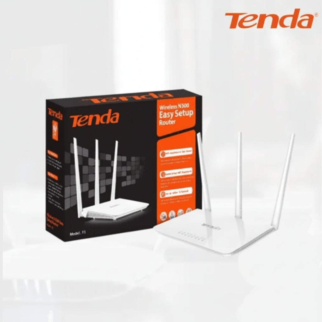 Front view of the Tenda F3 300Mbps wireless N router with 3 external antennas.