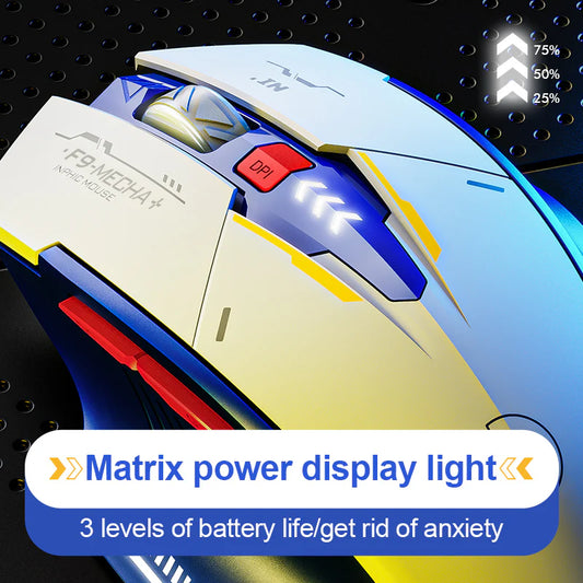 Close-up of the Inphic F9 Mecha+ mouse showing illuminated battery level indicators and the DPI button.