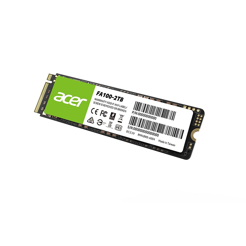 Acer FA100 2TB M.2 NVMe SSD with green label, PCIe Gen3 x4, read speeds up to 3300 MB/s.