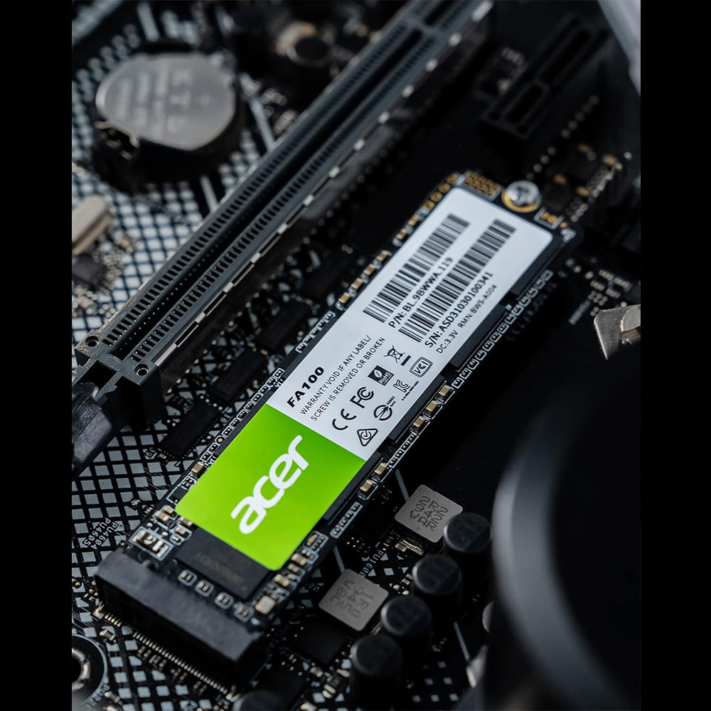 Acer FA100 2TB M.2 NVMe SSD installed in a motherboard, PCIe Gen3 x4, 3300 MB/s read speed.