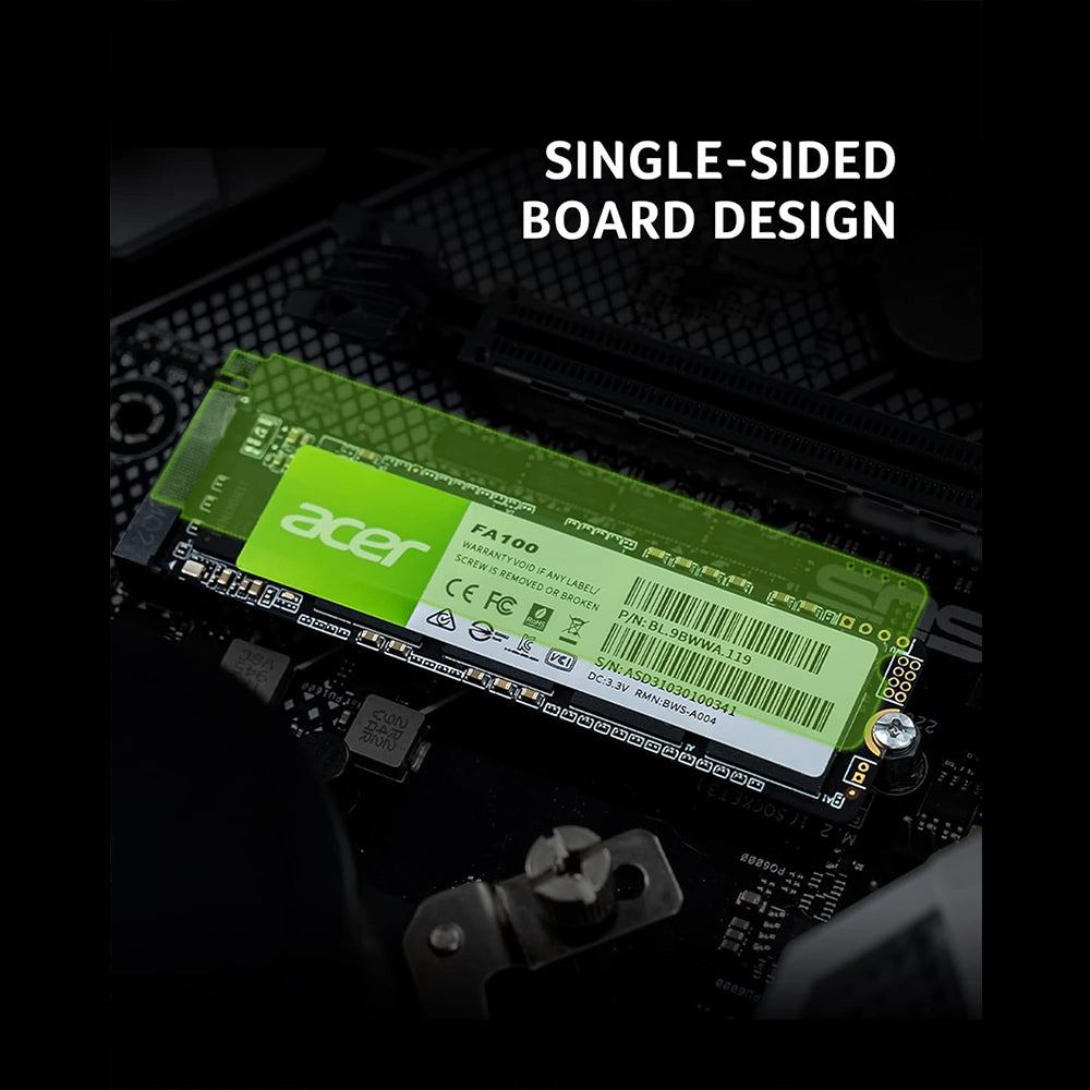 Acer FA100 2TB M.2 NVMe SSD Gen3 x4 installed in a PC, delivering up to 3300MB/s.