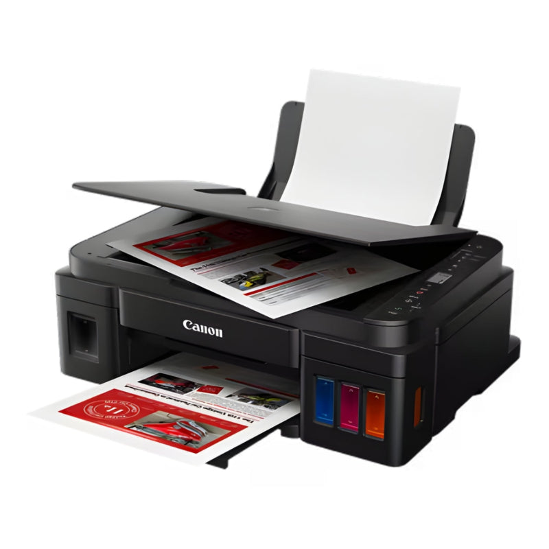 Canon printer with paper in a white background