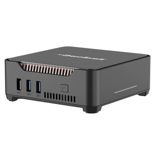 Small black computer case with multiple ports on a white background