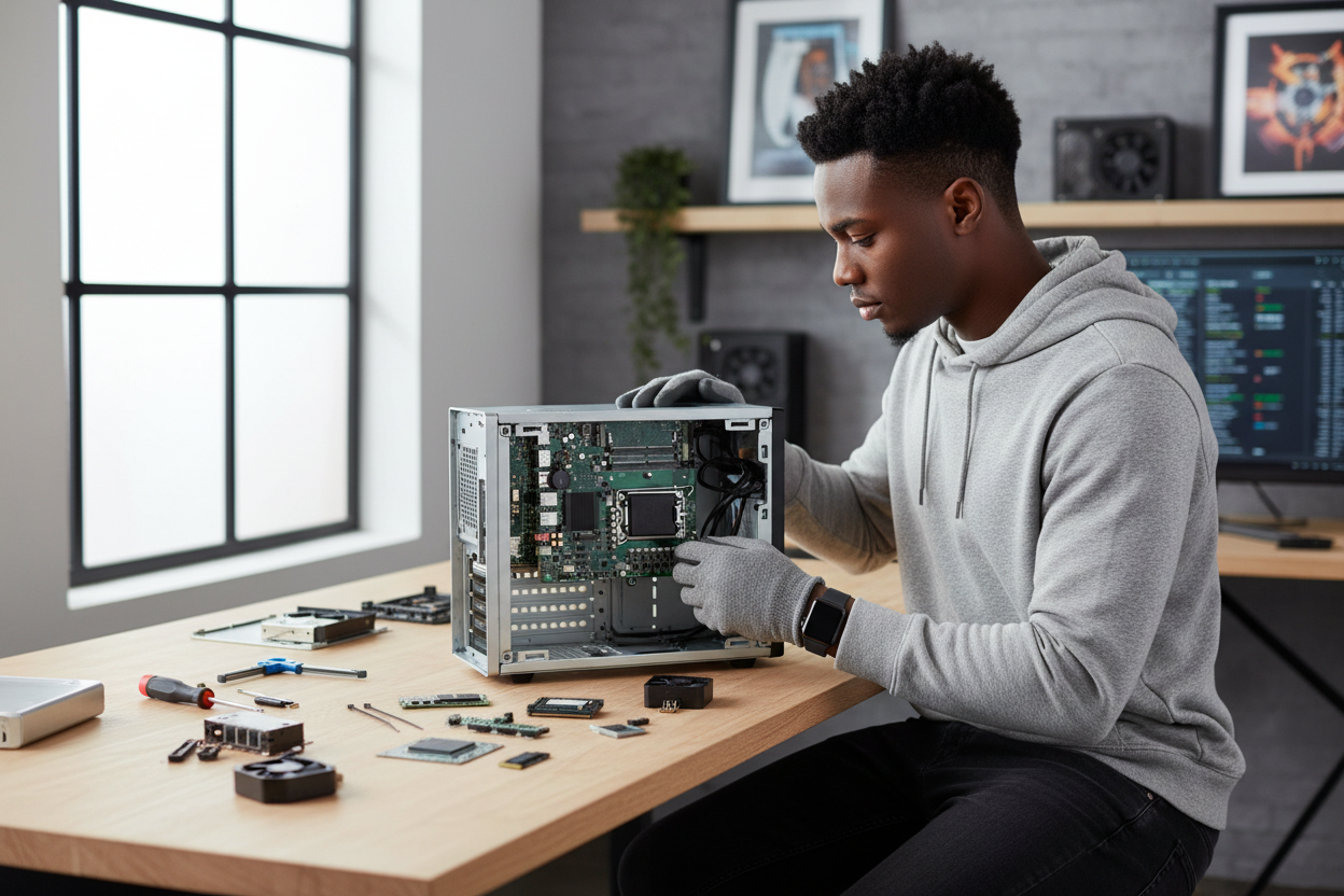 The motherboard's rear I/O panel with USB ports and LAN connector.