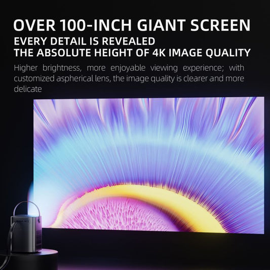 Large projected screen showing a colorful abstract design with text stating "Over 100-inch giant screen - every detail is revealed - the absolute height of 4K image quality" and "Higher brightness, more enjoyable viewing experience; with customized aspherical lens, the image quality is clearer and more delicate. "