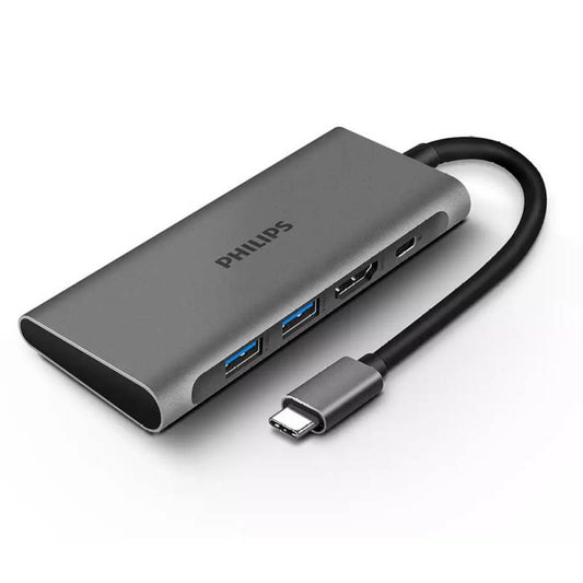 Philips USB-C multiport hub in sleek grey aluminum design featuring dual USB 3.0 ports, HDMI, and USB-C PD connection