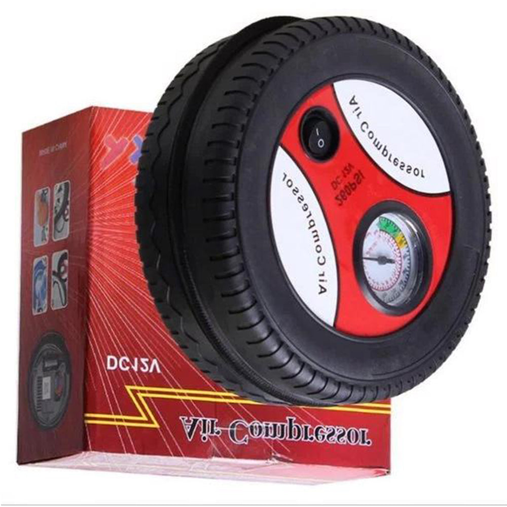 MicroWorld Handy Car Tyre Pump with gauge, red and black portable DC12V 150W inflator for 260 PSI.