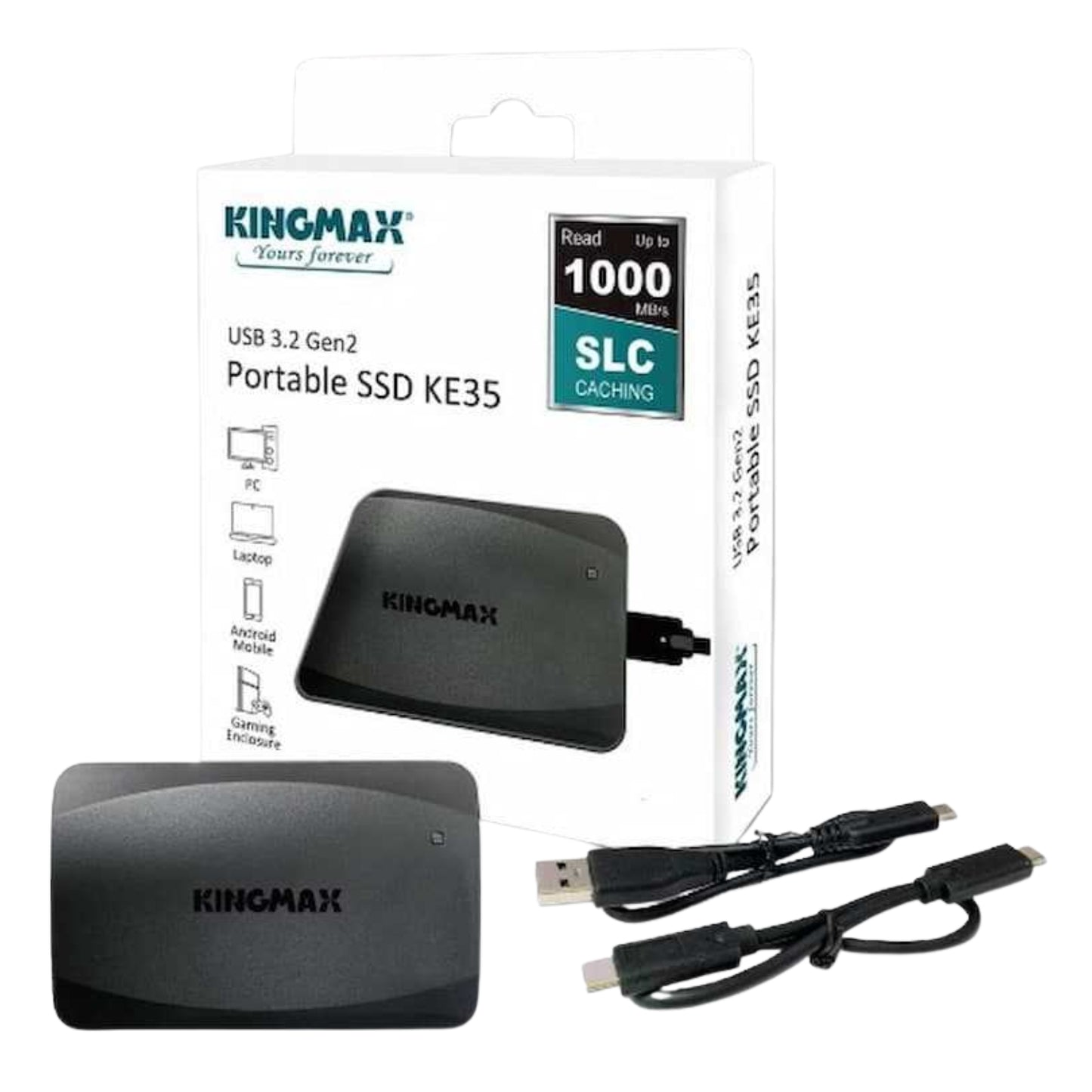 Kingmax USB 3.2 Gen2 portable SSD with packaging and cables on a white background