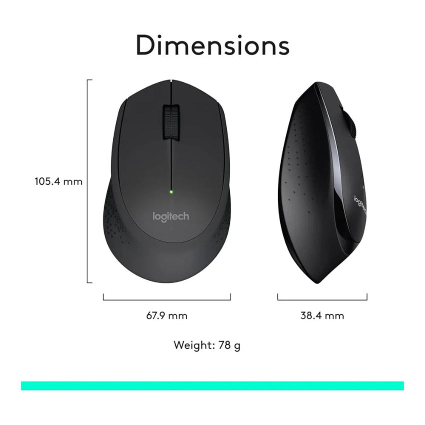 Logitech mouse with dimensions and weight displayed