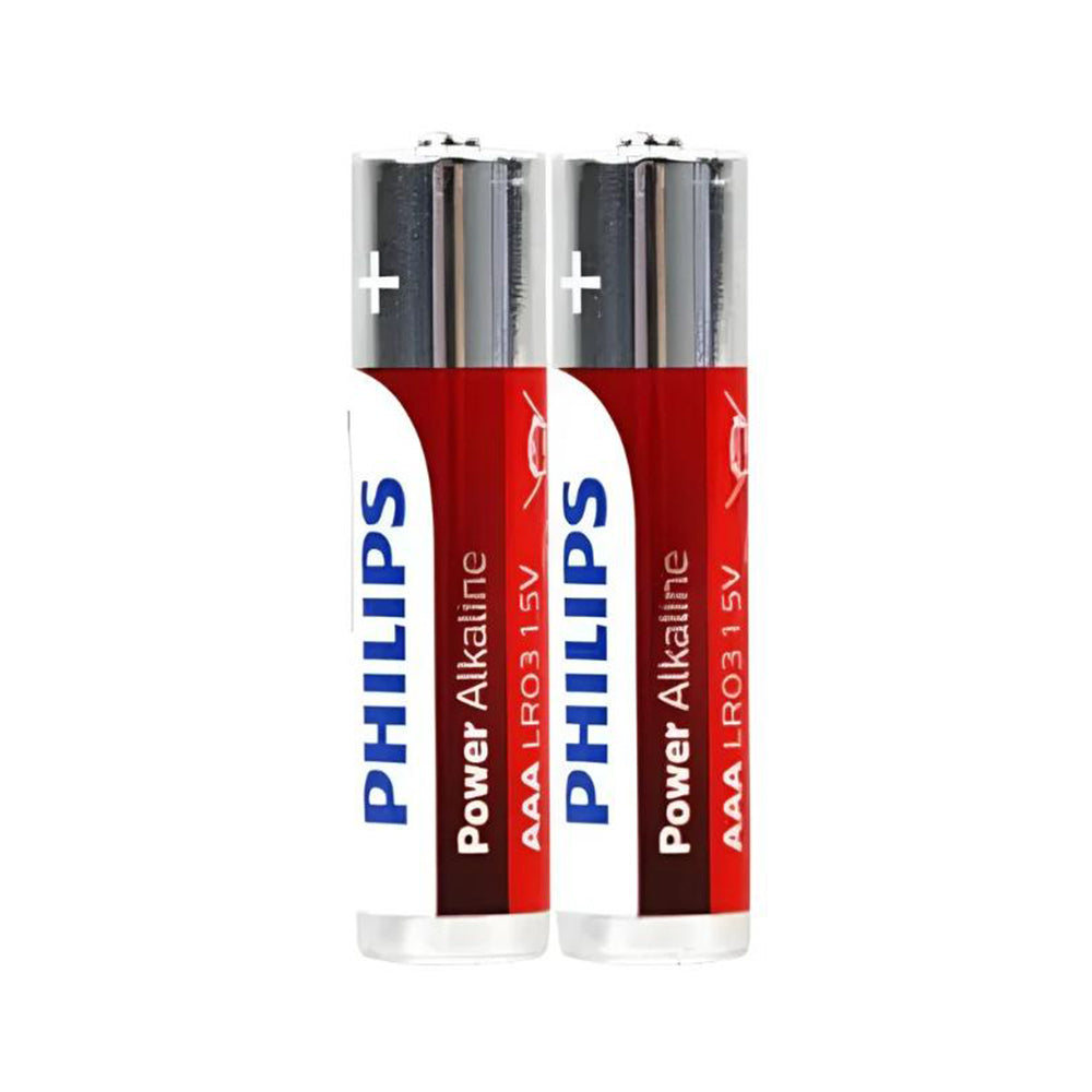 Two Philips Power Alkaline AAA batteries, 1.5V, red and white packaging (LR03)