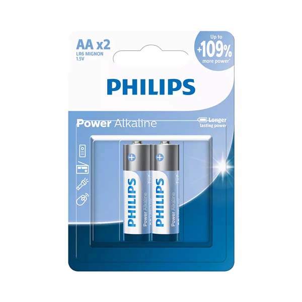 Philips Power Alkaline AA Batteries 2-Pack LR6P2B/40, 1.5V, 2900mAh for high-drain devices