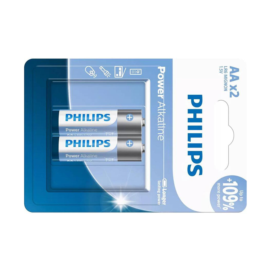 Philips Power Alkaline AA Batteries 2-Pack LR6P2B/40, 1.5V, 2900mAh for remotes, toys, and cameras