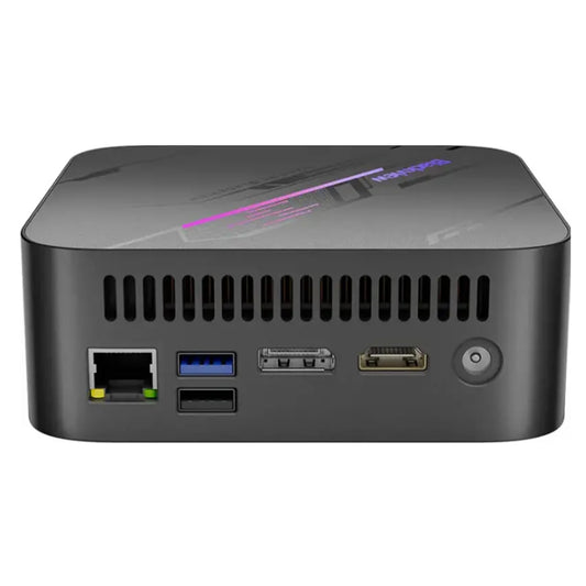 Rear view of Blackview MP100 Mini PC with Ethernet, USB 3.0, USB-C, HDMI ports, and power button.