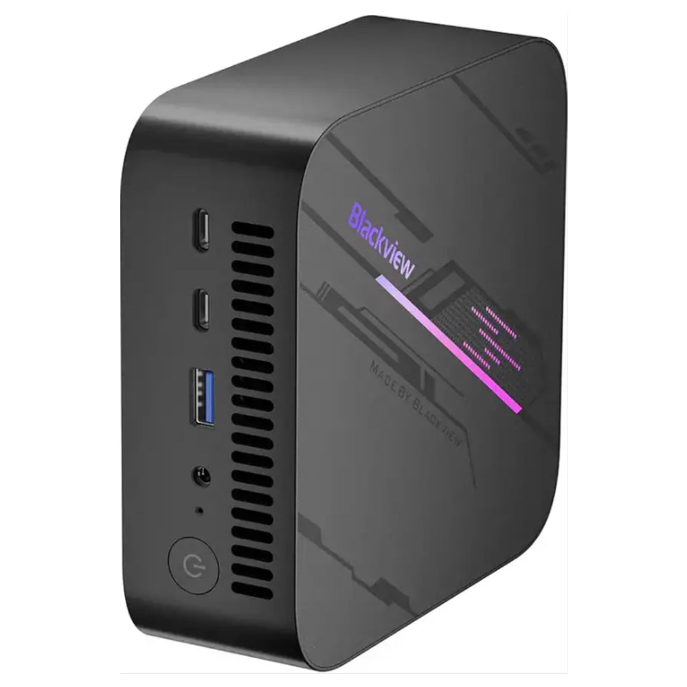 Blackview MP100 mini PC with i5-12450H, 16GB RAM, 512GB SSD, Windows 11 Pro — compact glossy black cube