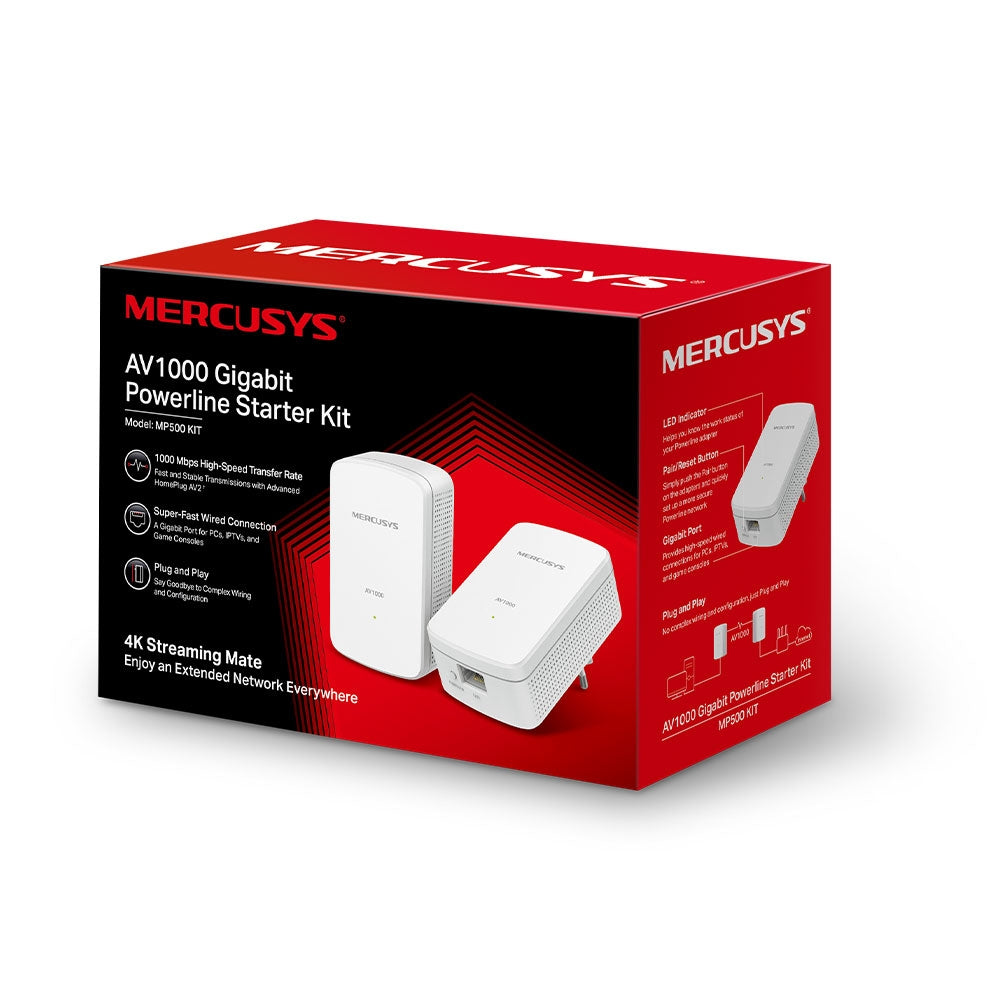 Mercusys AV1000 Gigabit Powerline Starter Kit retail packaging showing two white adapters on the front of a red and black box, highlighting features like 1000 Mbps speed, gigabit port, and plug-and-play setup.