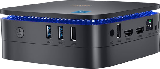 Blackview MP60-N150 Mini PC with 16GB RAM, 512GB SSD, quad-core Intel N150, Windows 11 Pro, blue LED ring.