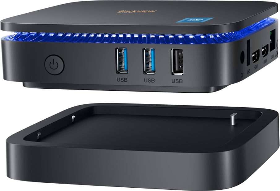 Blackview MP60-N150 mini PC with 16GB RAM, 512GB SSD, Windows 11 Pro, blue LED ring, compact 128x128x52mm chassis.